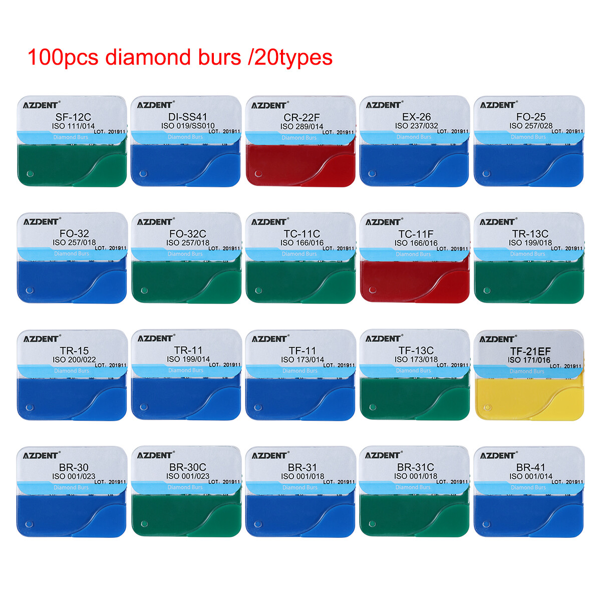 100piezas 20tipos Fresas de diamante medianas dentales FG 1.6 mm Bur BR/TR/TF/EX