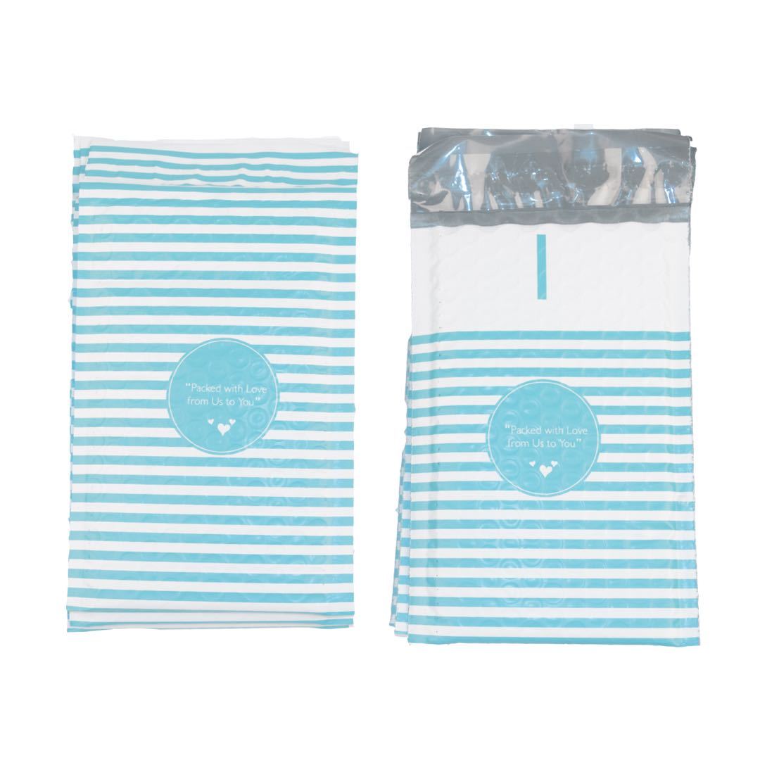 50 4×8 Packed with Love from Us to You Blue Stripe Poly Bubble Envelopes Mailers
