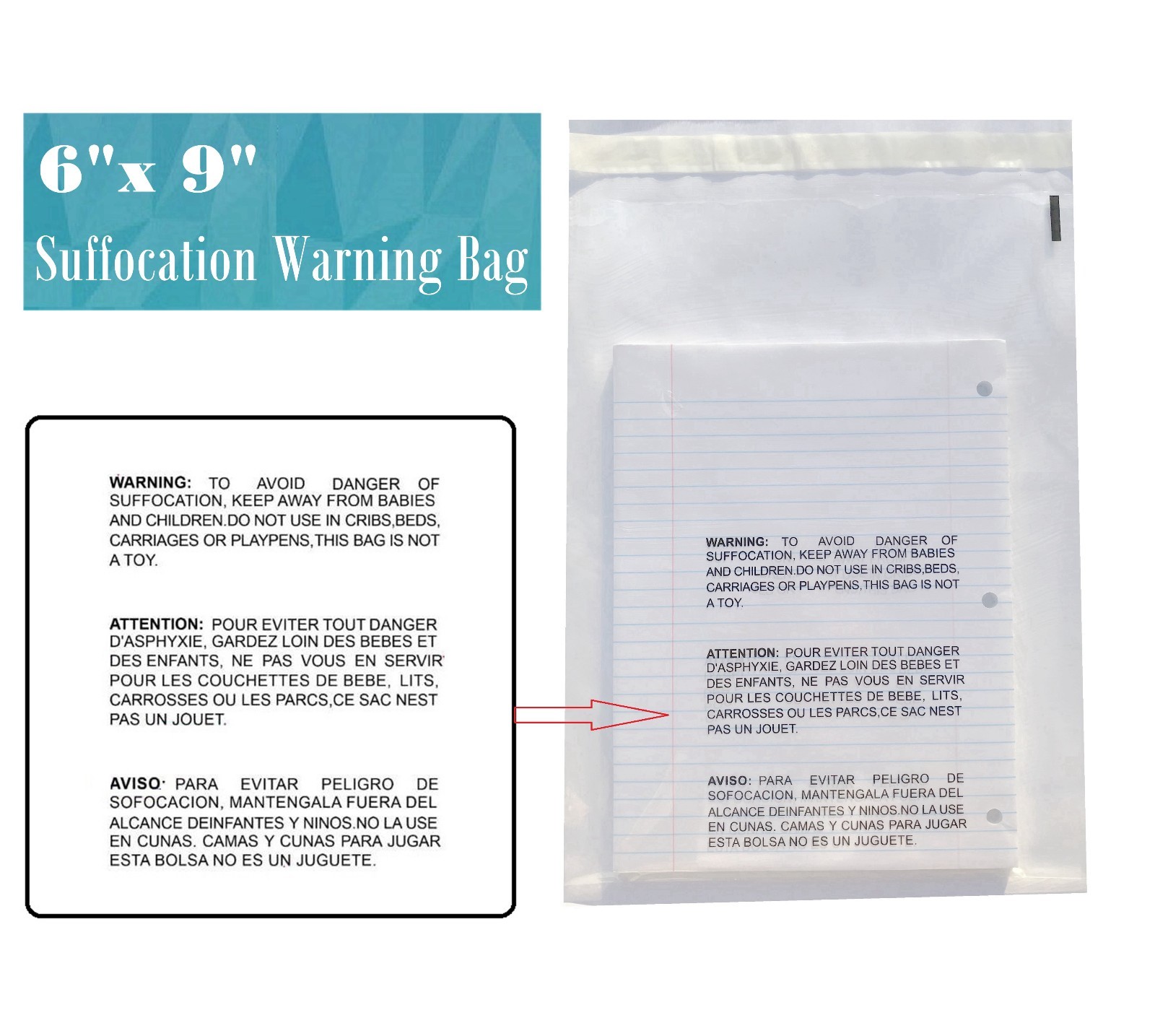 300 6×9 1.5 Mil Bags Clear Suffocation Warning Poly Bag 6″x9″