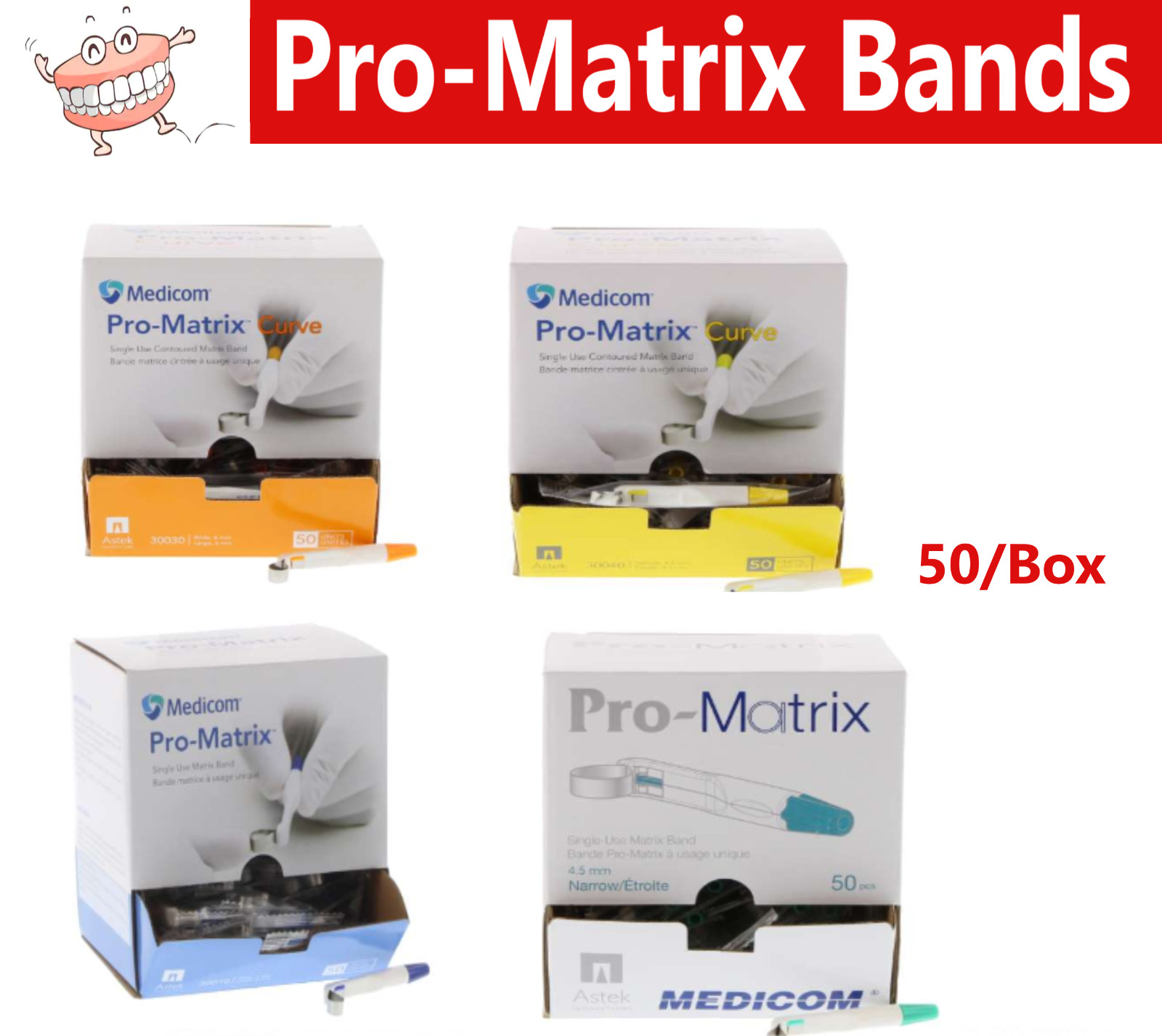 Dental Pro-Matrix Band, Disposable, Contoured MATRICES Bands 6mm / 4.5mm, 50/Bx