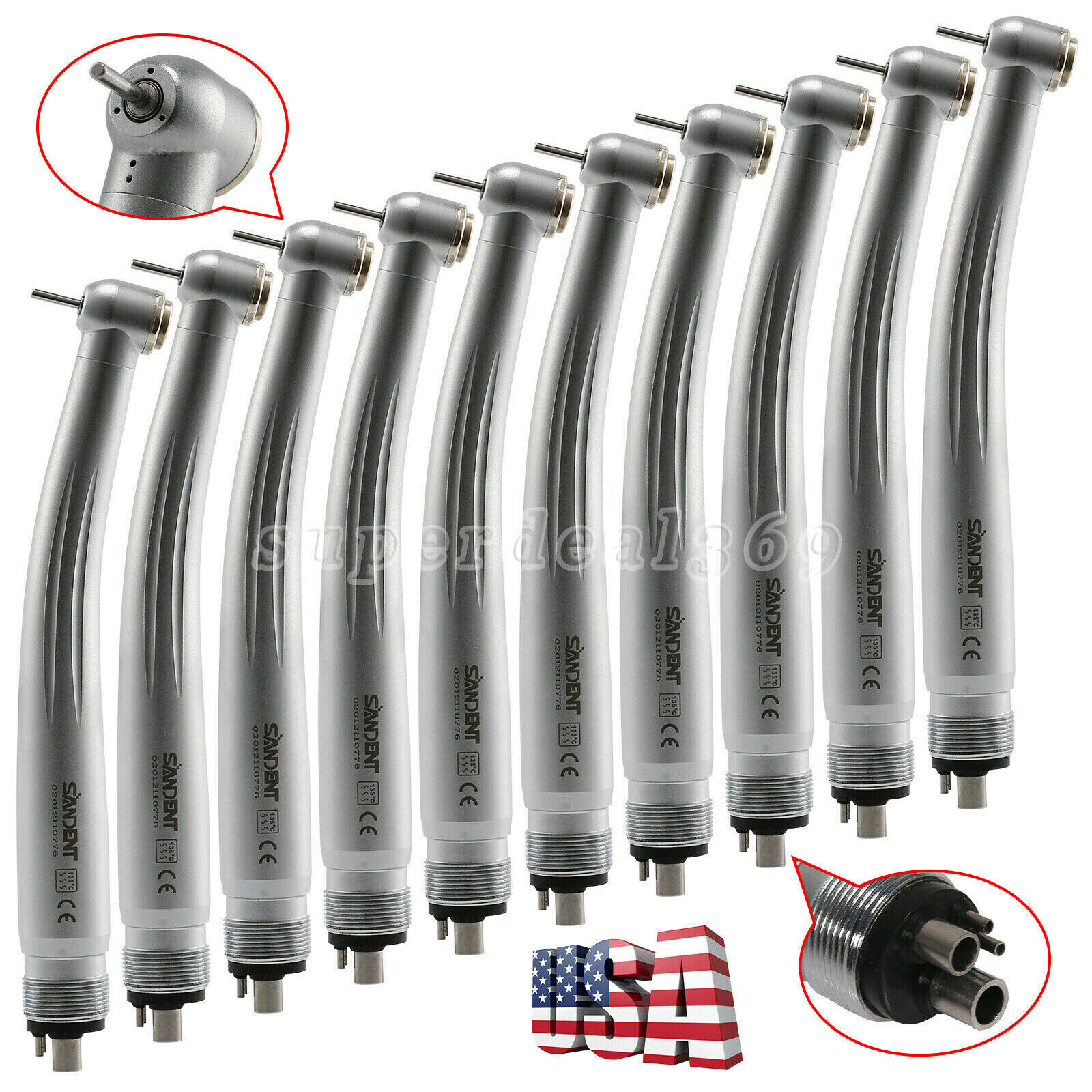 10*SANDENT Dental High Speed Turbine Handpiece Push Button Standard Head 4 Hole