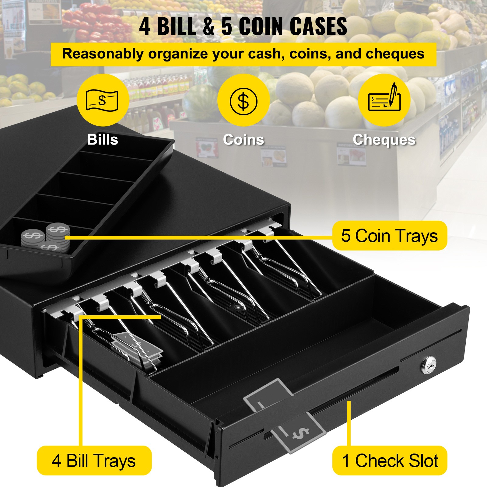 VEVOR Cash Drawer 13″ Cash Register POS System 3 Unlocking Ways RJ11/RJ12 Square