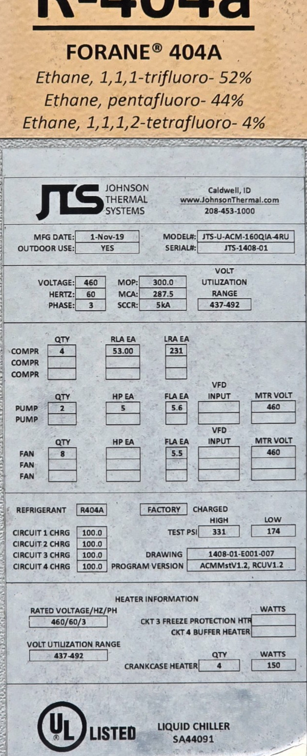 JTS Air Cooled Chiller Ultra Low Temperature -50°F, 160Ton, R404A, 460V, 3 Phase