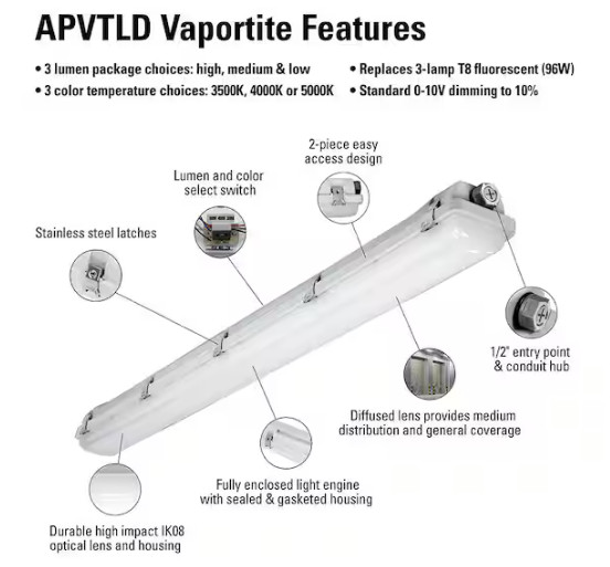 Metalux Vaportite 4 ft. White Integrated LED Industrial Vaportite Selectable CCT