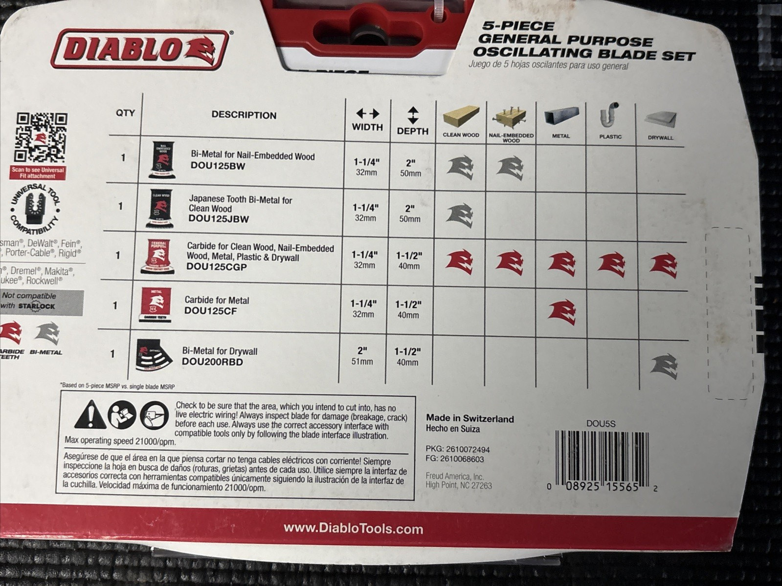 New Diablo 5 pc Universal Fit General Purpose Oscillating Blade Set Carbide