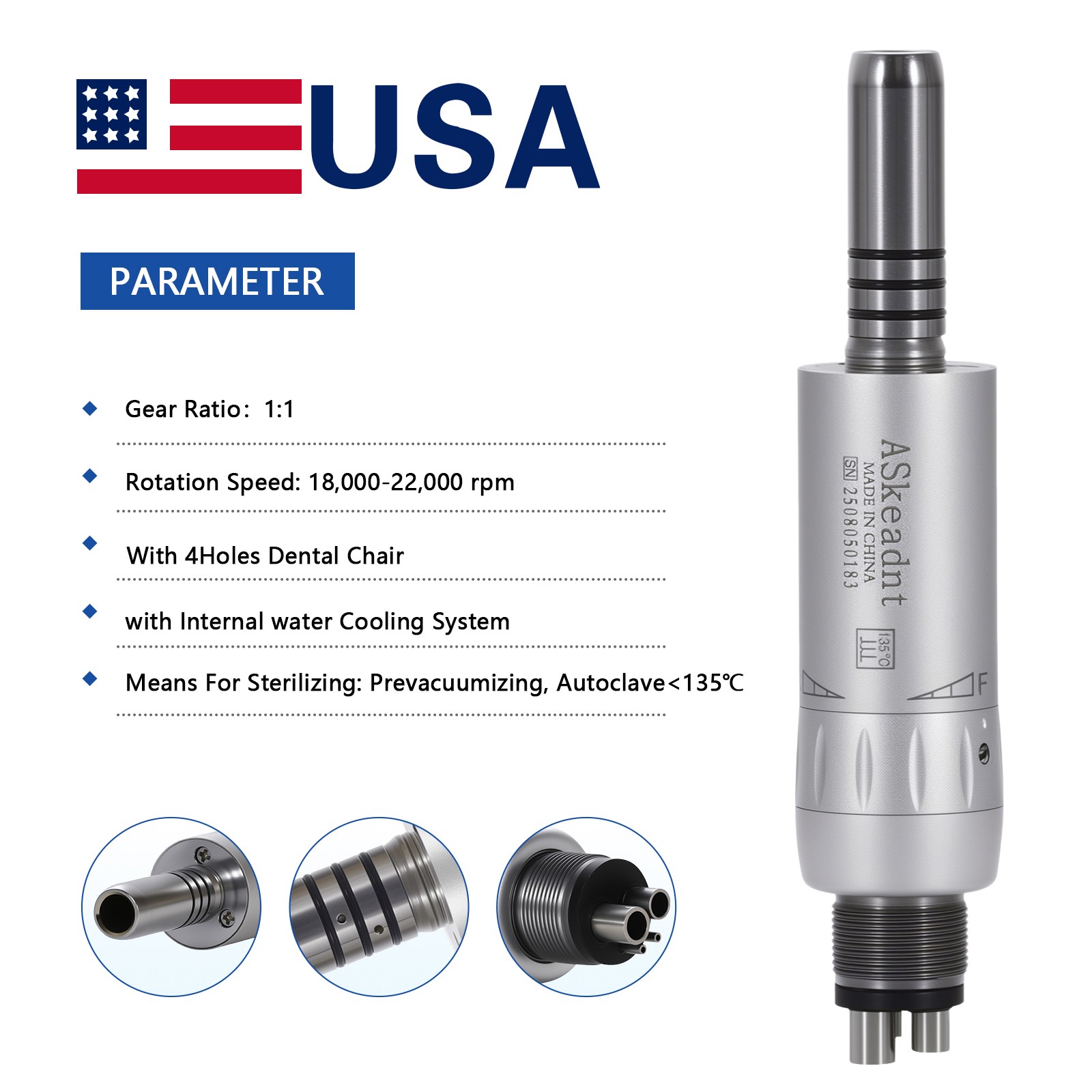 1-10*ASkeadnt Dental Low Speed E-type Air Motor Handpiece 4 Hole Inner channel