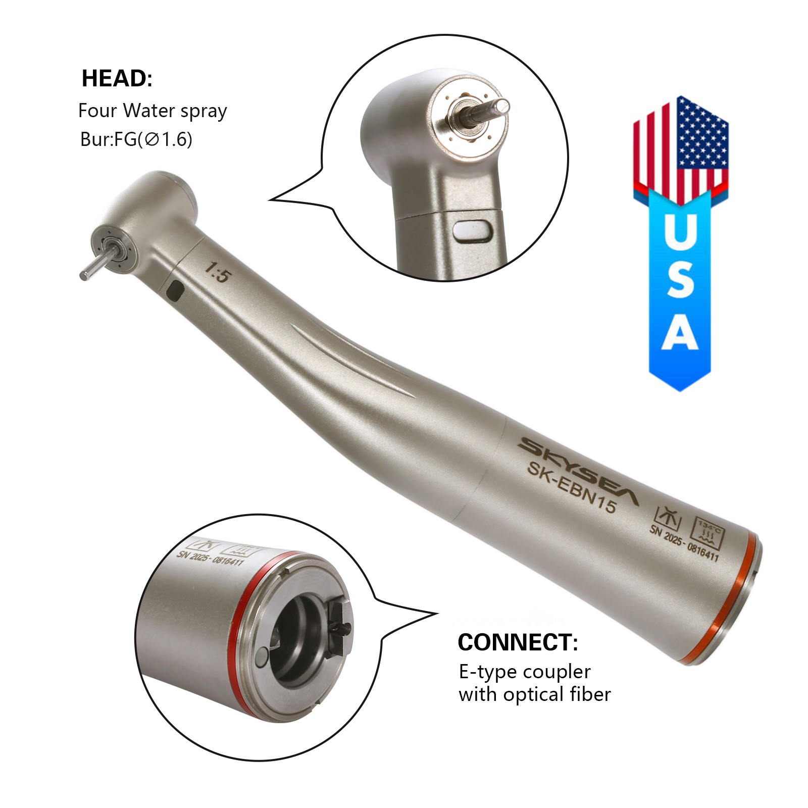 NSK Style Dental 1:5 Optic LED Contra Angle Increasing Handpiece Fit FG Bur SK