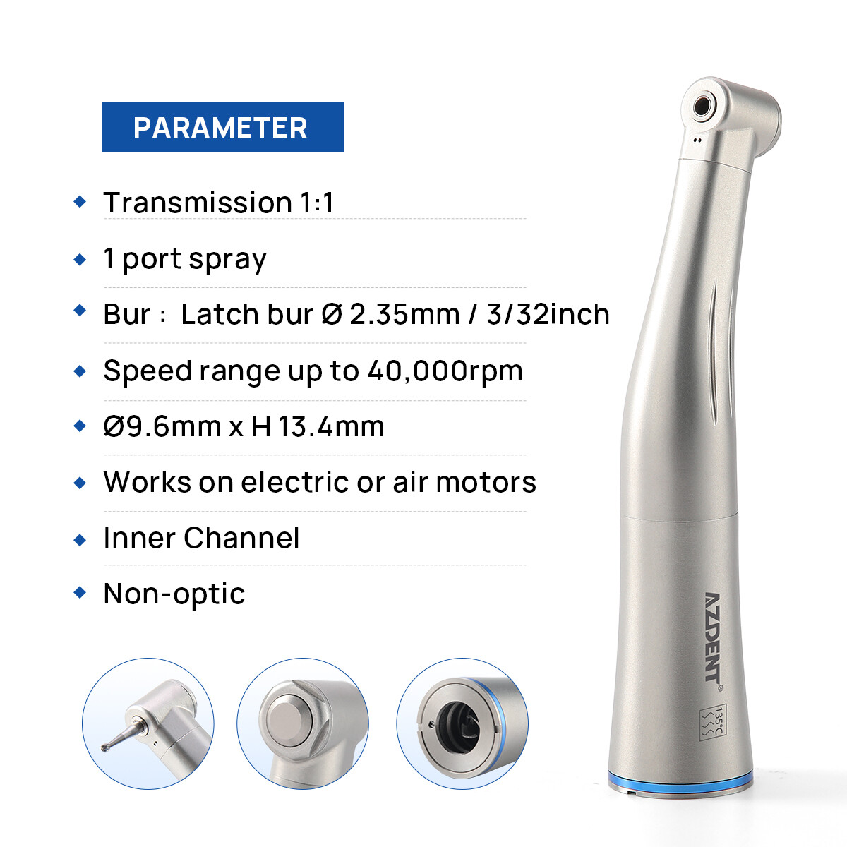 Dental 1:1 Fiber Optic Contra Angle Handpiece Internal Spray Push Button E-Type