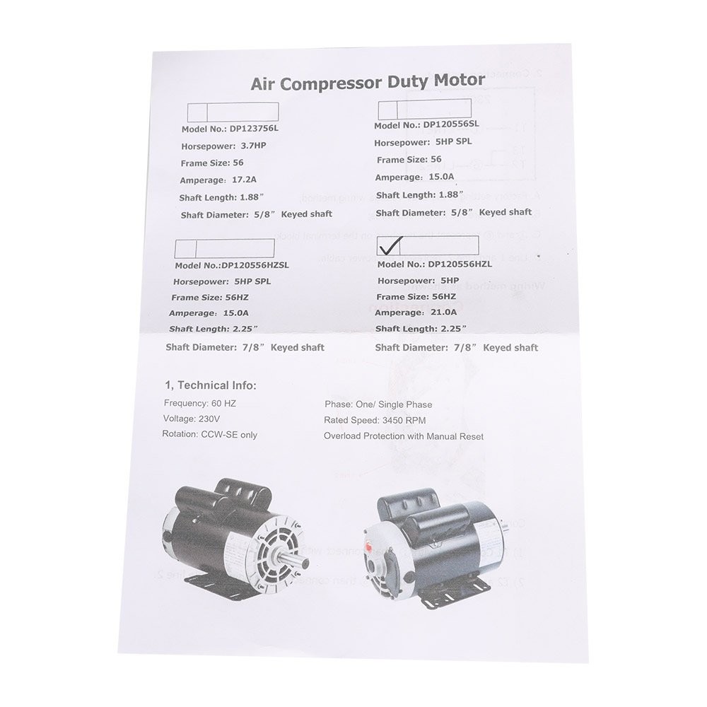 230V Compressor Duty Electric Motor 1 Phase 3450 RPM 56HZ Frame 7/8″ Shaft 5HP