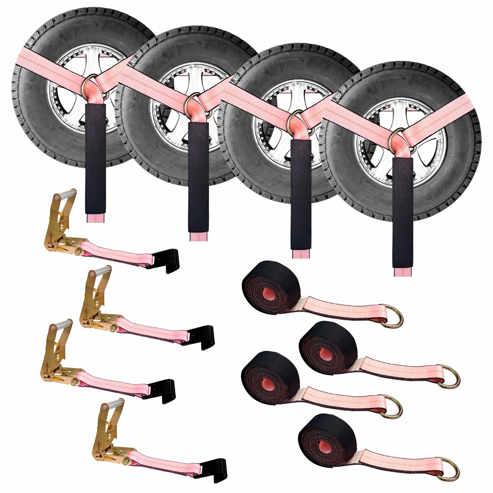 USA 4 Pack 2″ x10′ Side Mount Wheel Net Tie Down Ratchet w/Flat Hook Lasso Strap