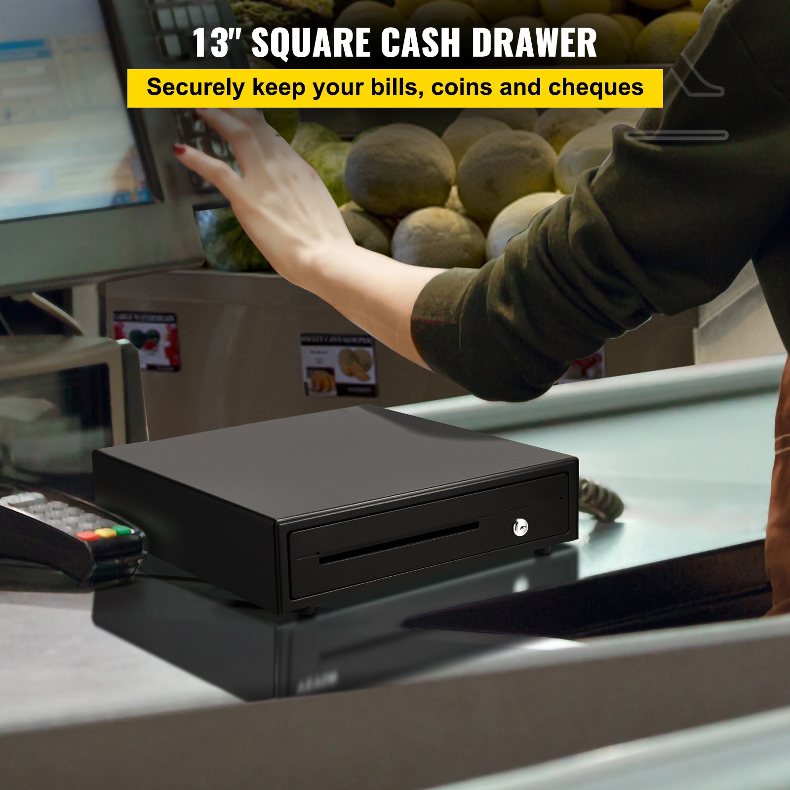 VEVOR Cash Drawer 13″ Cash Register POS System 3 Unlocking Ways RJ11/RJ12 Square