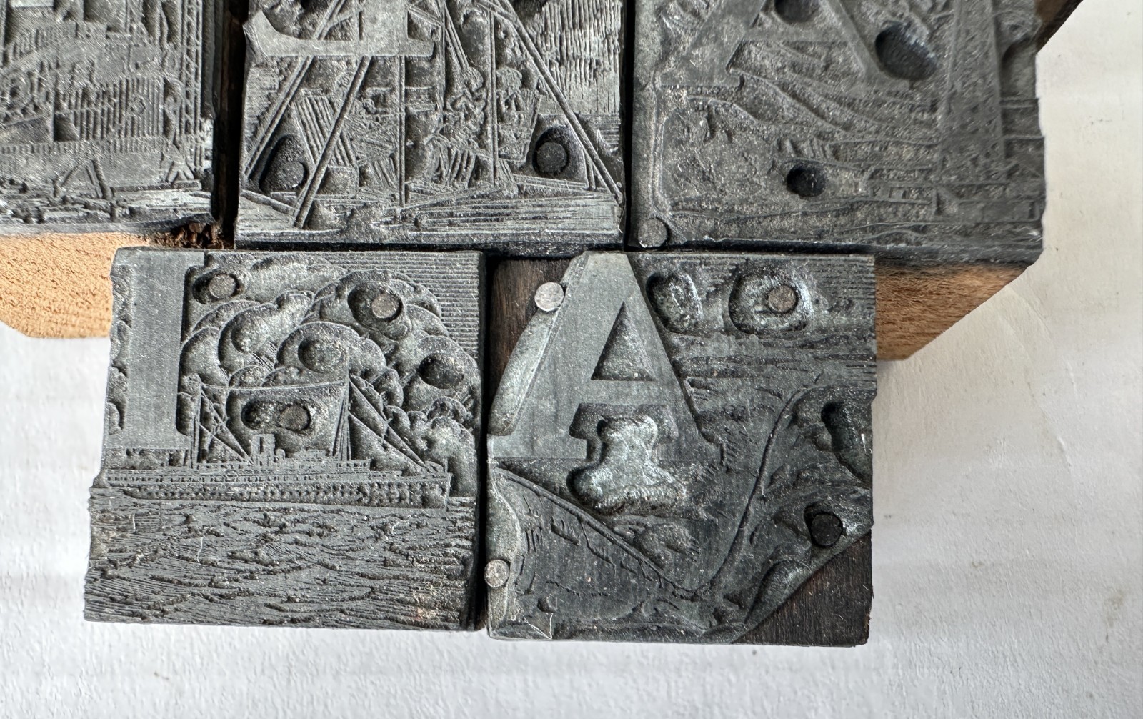 Vtg Type Set Print Block Letter Nautical Illustrated People Dining Cooking Scene