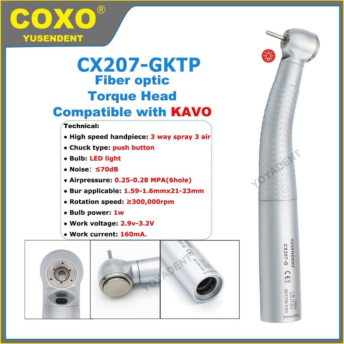 COXO Dental Handpiece Fiber Optic High Speed Turbine LED 6 Pin Coupling Fit KAVO