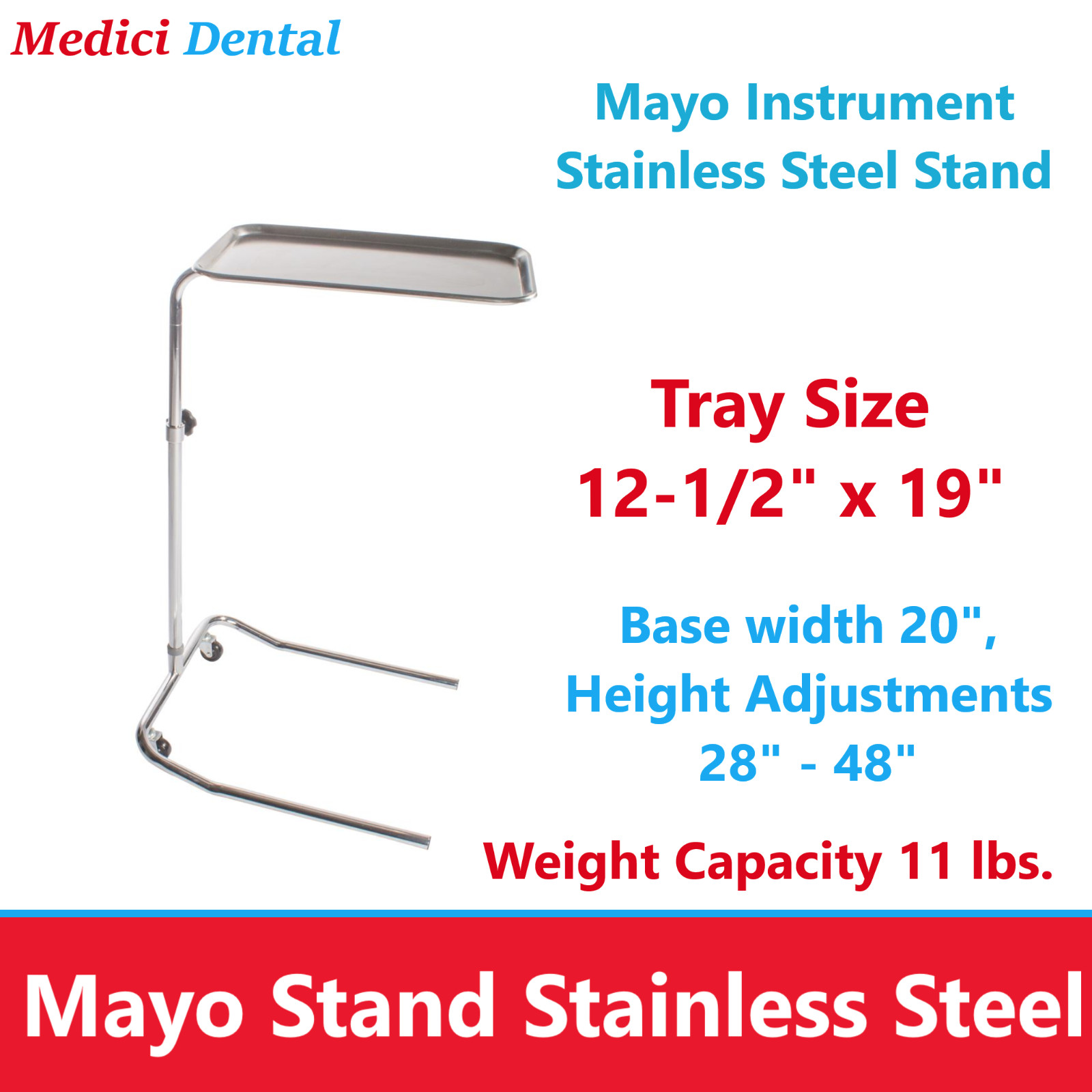 DUKAL TECH-MED MAYO STAND Mayo Stand, Mobile Base, (5) Casters, 12.5″ x 19″ Tray