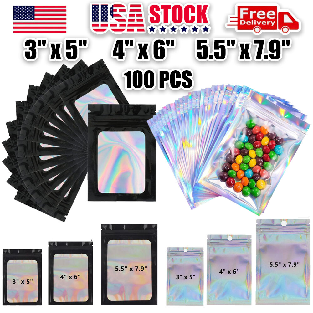 100x Holographic Mylar Foil Bag Resealable Ziplock Pouch Packaging Clear Front