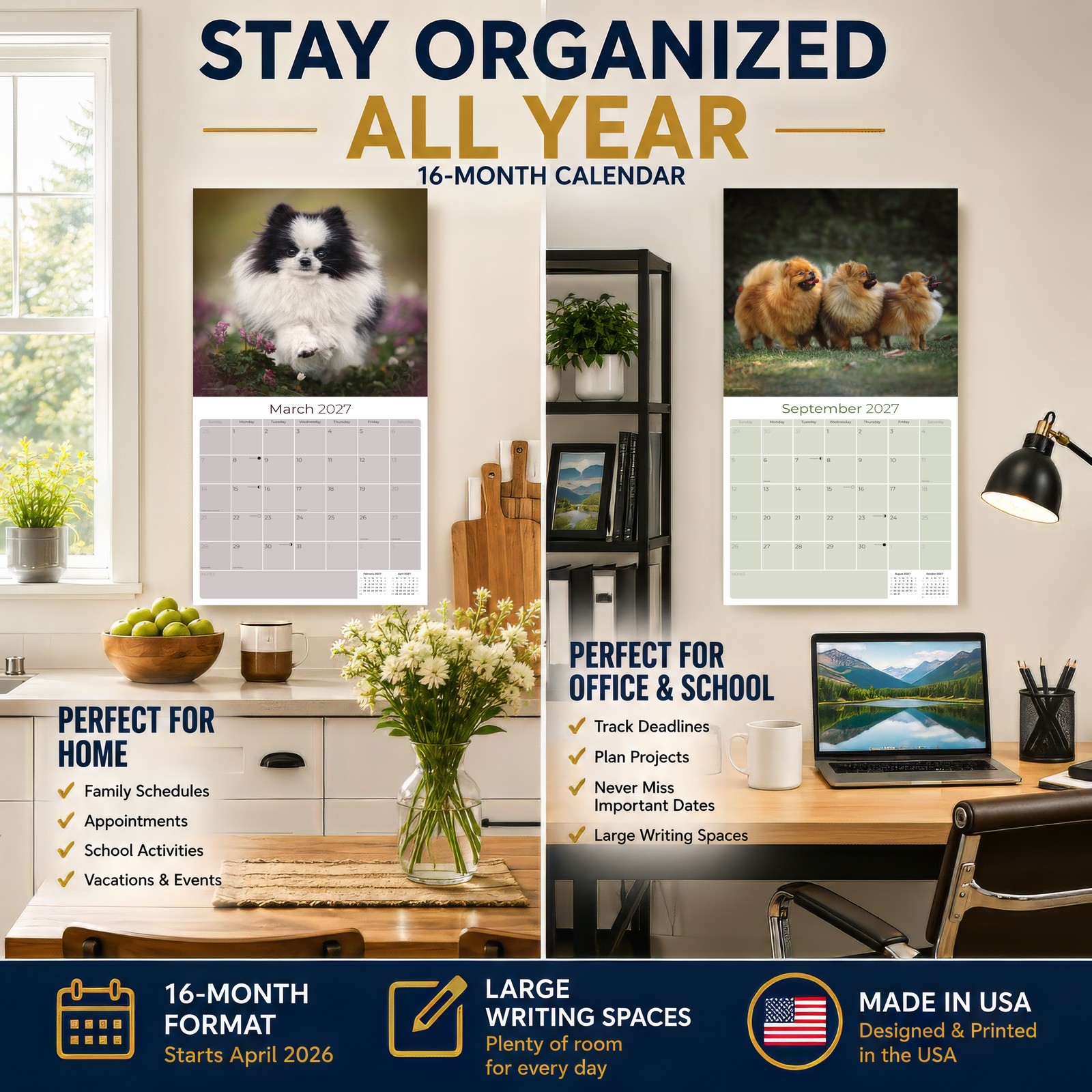 Pomeranian Dog Breed Calendar 2025 FULL SIZE 12×24 Made in USA