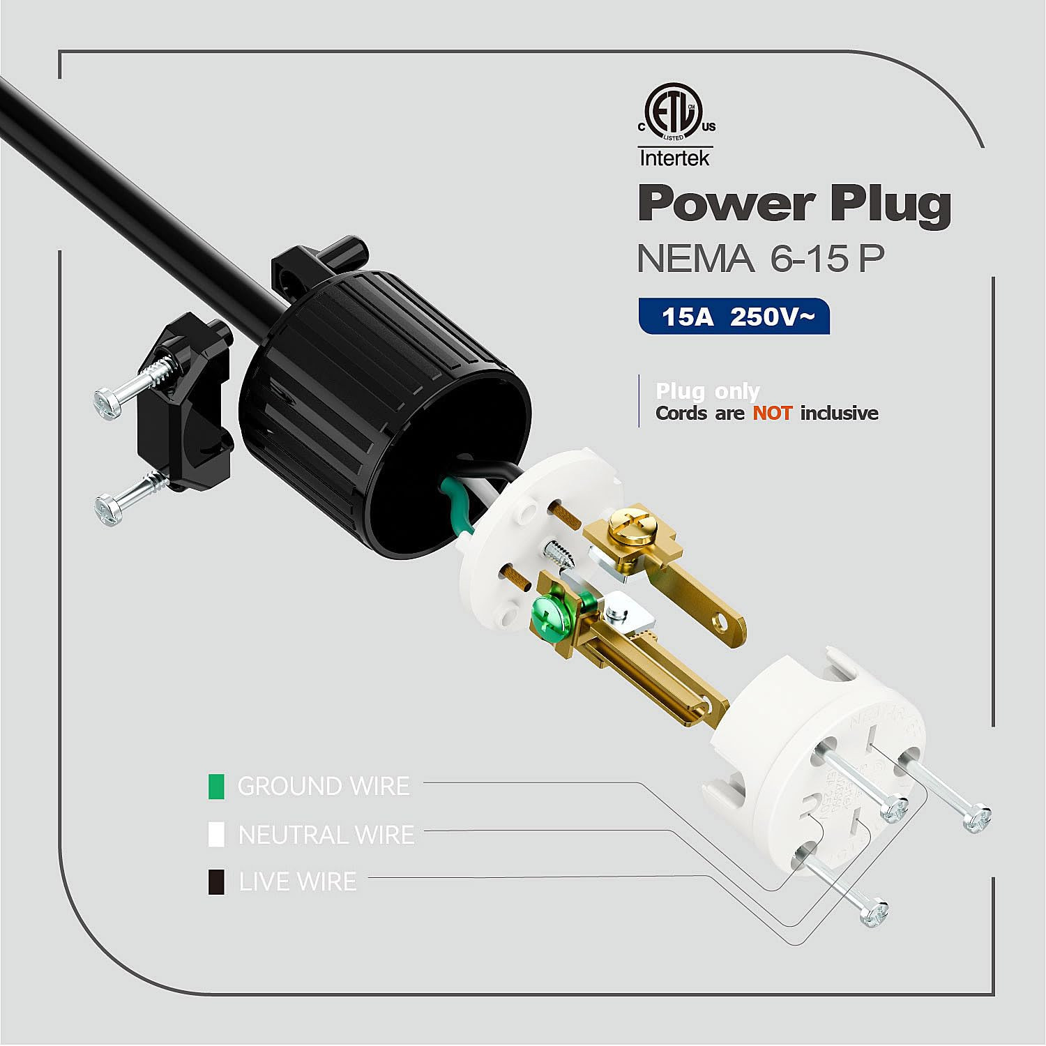 NEMA 6-15P Male Plug, ETL Listed 15AMP/250VOLT,15A Straight DIY Male, Usa/Canada