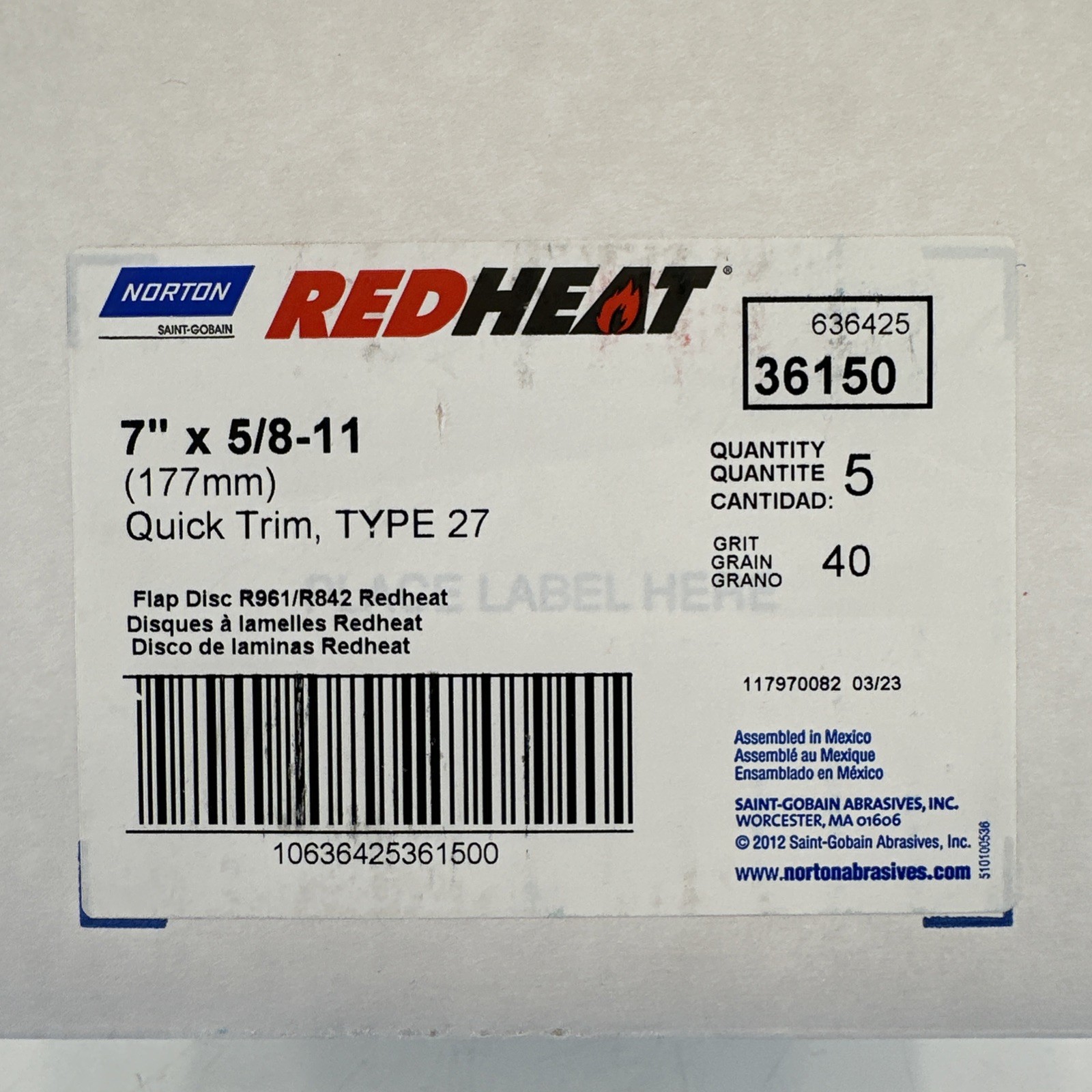 5 Norton Red Heat 7”x 5/8-11 Flap Disc Grinding Wheel 40 Grit Type 27 Quick Trim