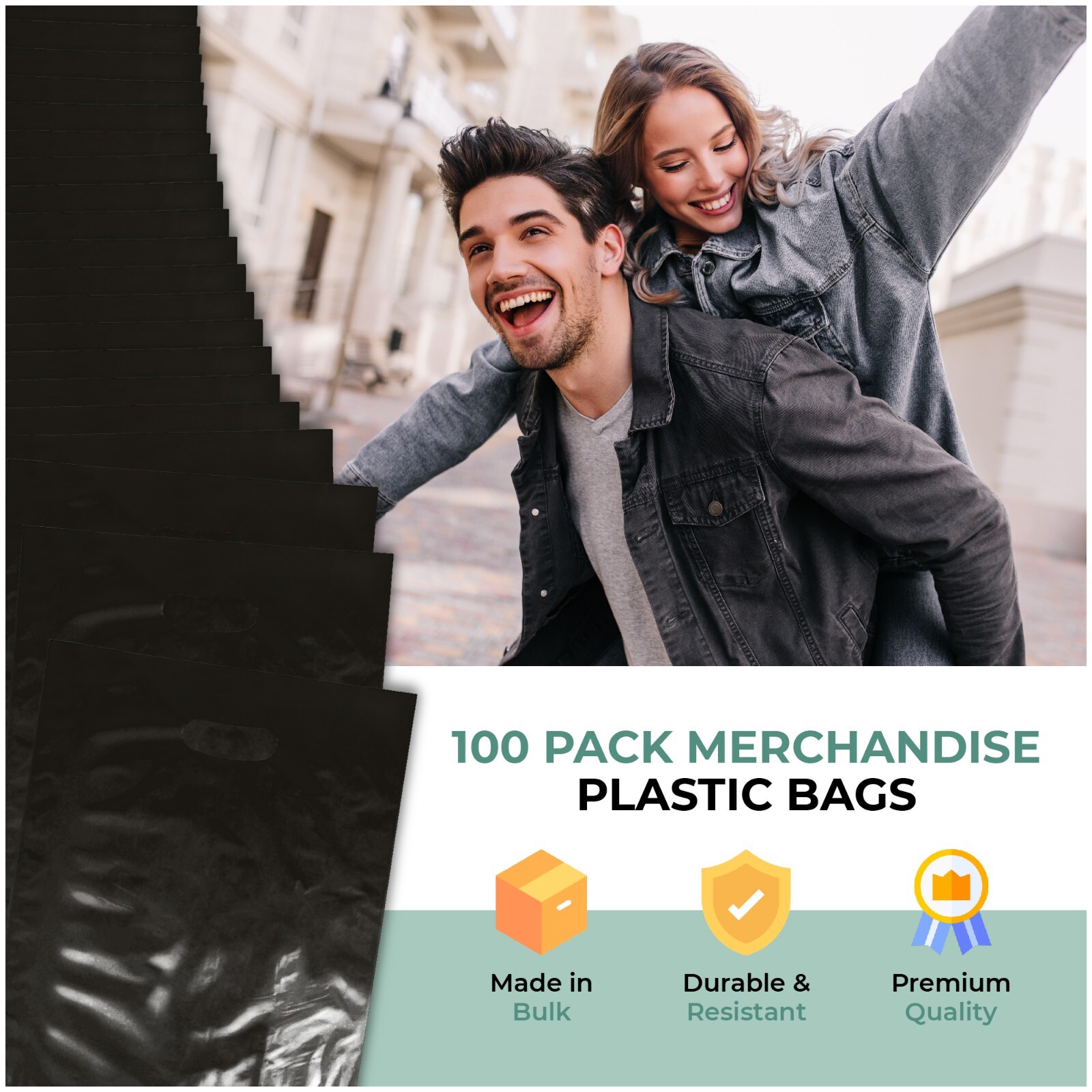 100 Pack 12″ x 15″ with 1.25 mil Thick Black Merchandise Plastic Glossy Bags