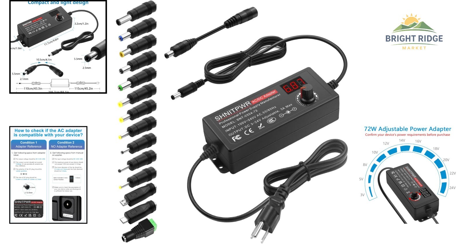 Universal 3A Power Adapter 3V to 24V Adjustable Output for Various Devices