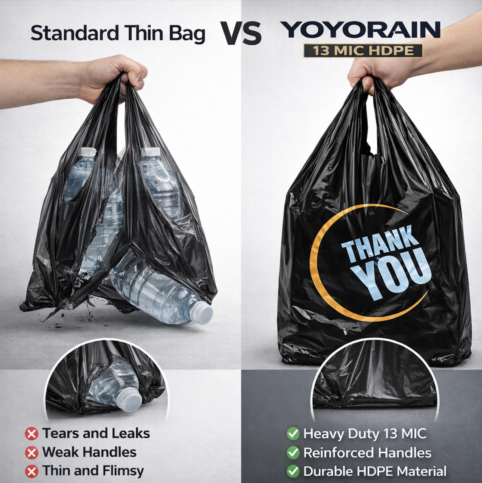100 Count Plastic Bags – Black T Shirt Bags with Handle for Retail Shopping and