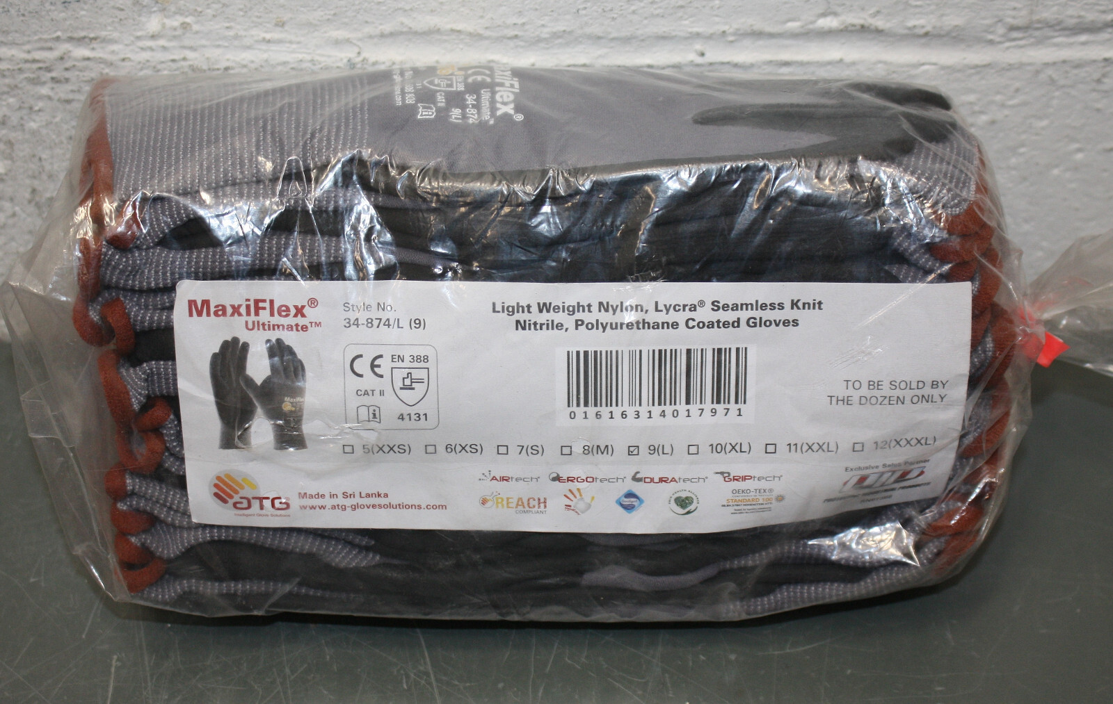 (12) Pip MaxiFlex Dipped Work Gloves 34-874, Large / L / 9, Knit Nylon & Nitrile