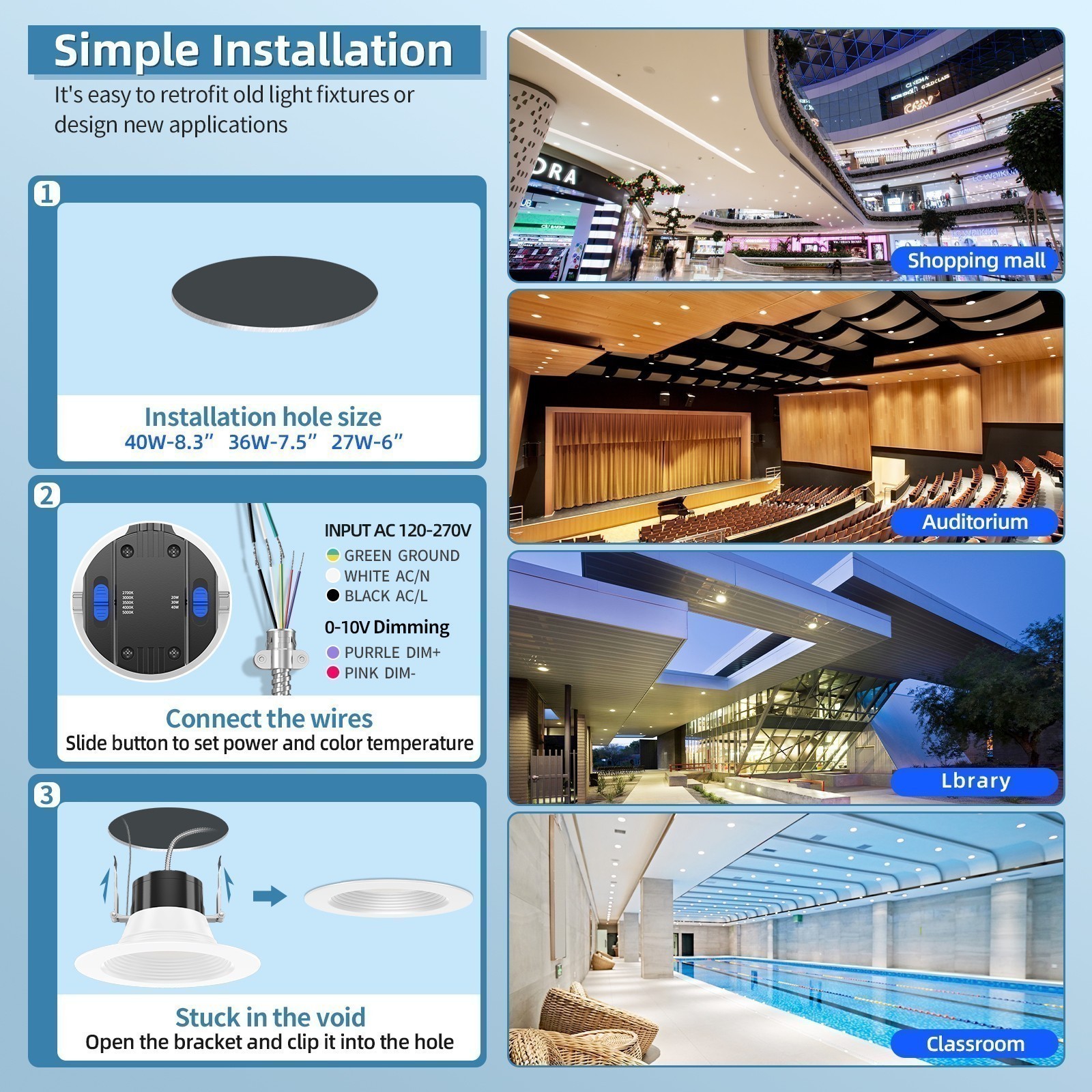 6 Inch LED Commercial Downlight,27W Recessed Ceiling Light Power &CCT Adjustable