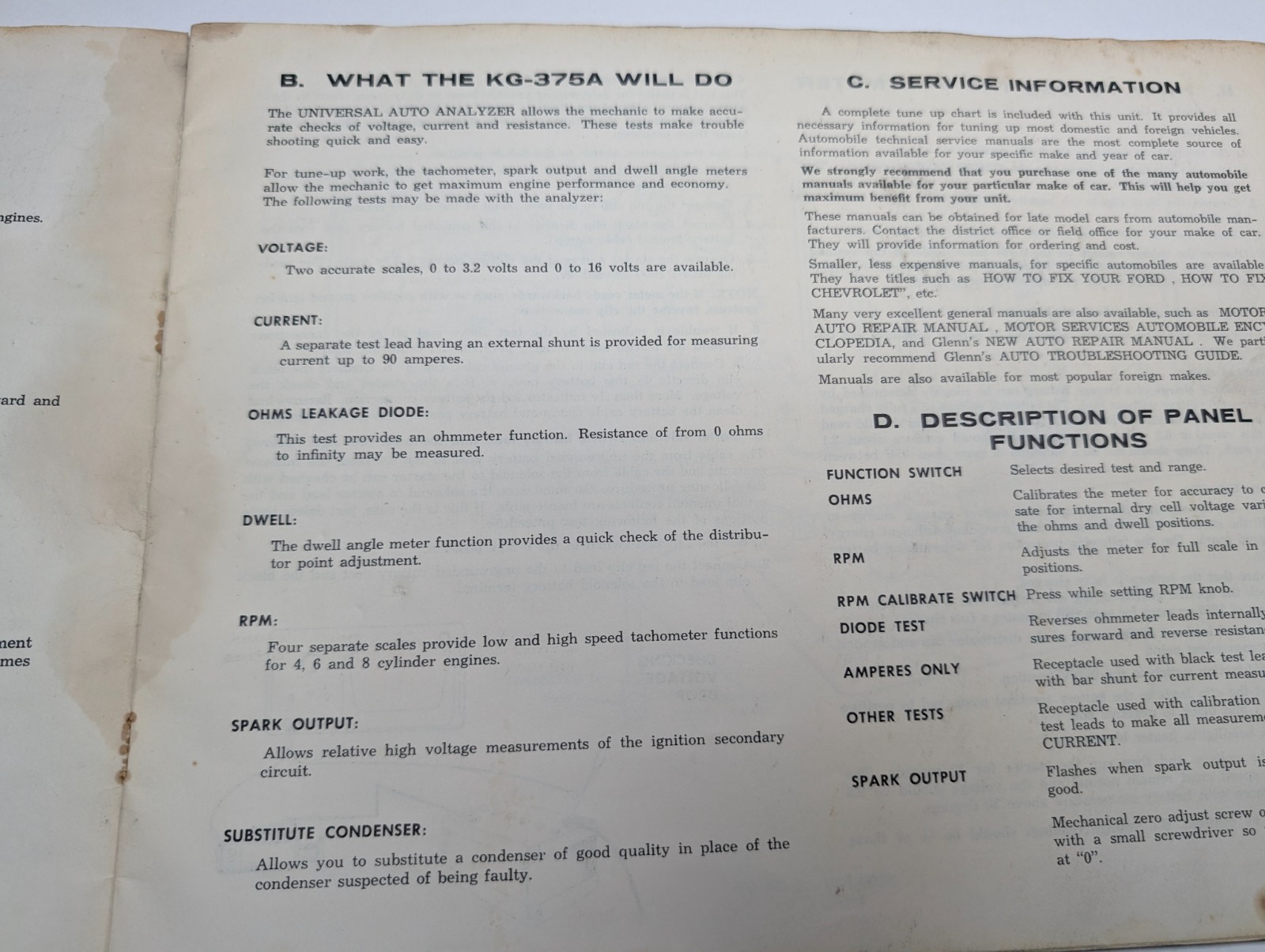 Vtg 1967 Knight KG-375A Universal Auto Analyzer Operator’s Manual Guide Book