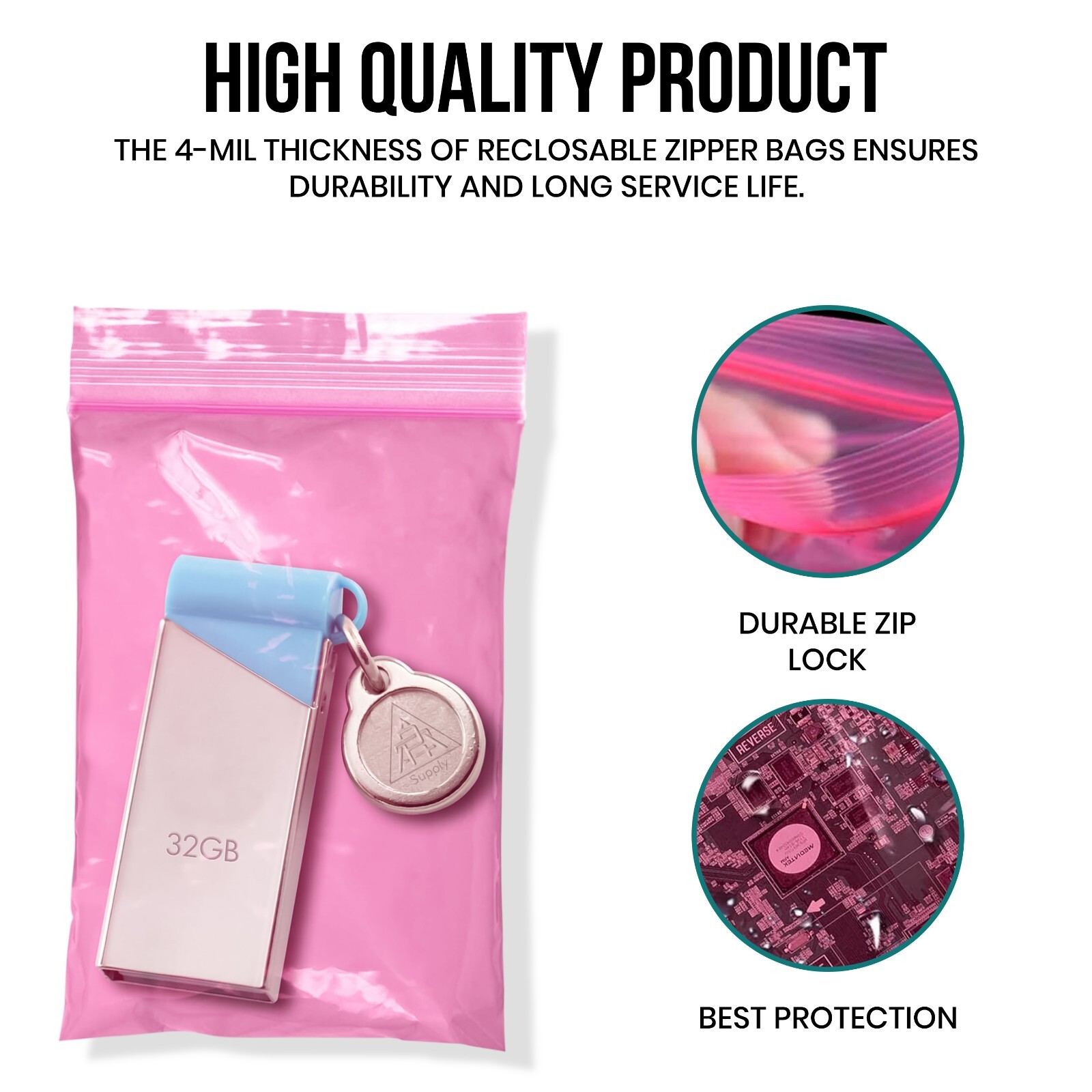 Plastics Pink Anti-Static Seal Top ZipLock Reclosable Poly Bags 4Mil All Size
