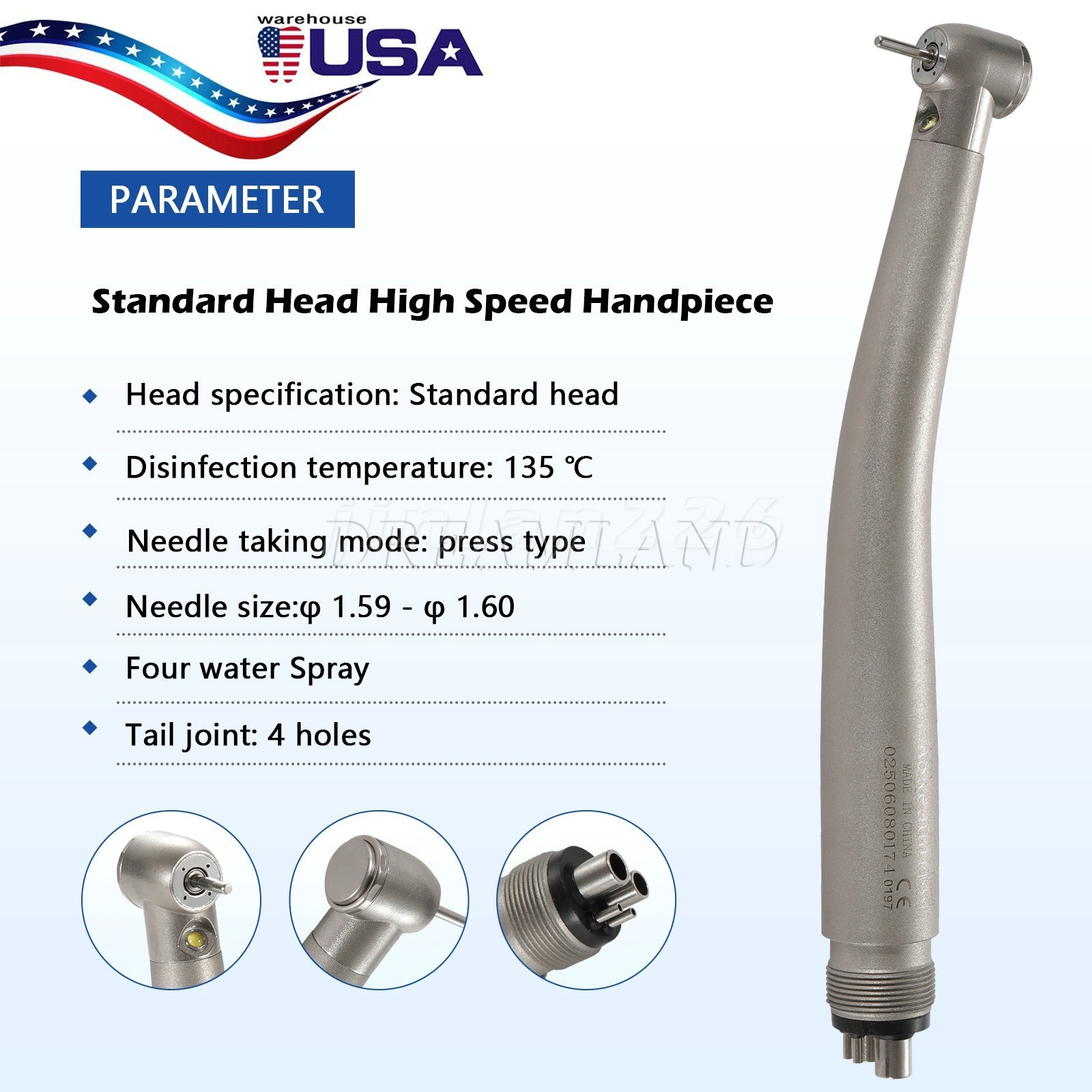 NSK Style Dental LED E-generator Fiber Optic 4 Spray Handpiece 4H Standard Head
