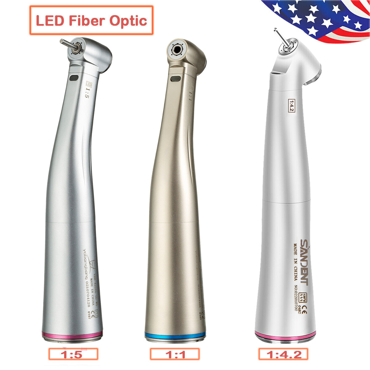 Dental 1:1 /1:4.2/1:5 LED Fiber Optic Contra Angle Handpeice Push Button Fit NSK