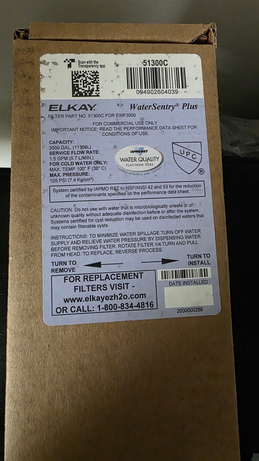 Elkay WaterSentry 51300C Replacement Filter For EWF3000