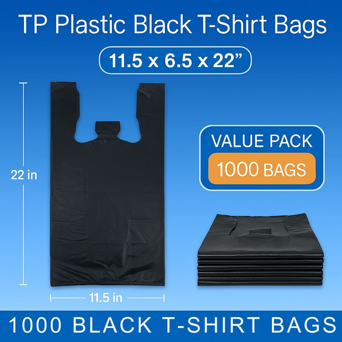 1000 Black T-Shirt Bags 11.5 x 6.5 x 22 Heavy Duty Plastic Grocery Shopping Bags