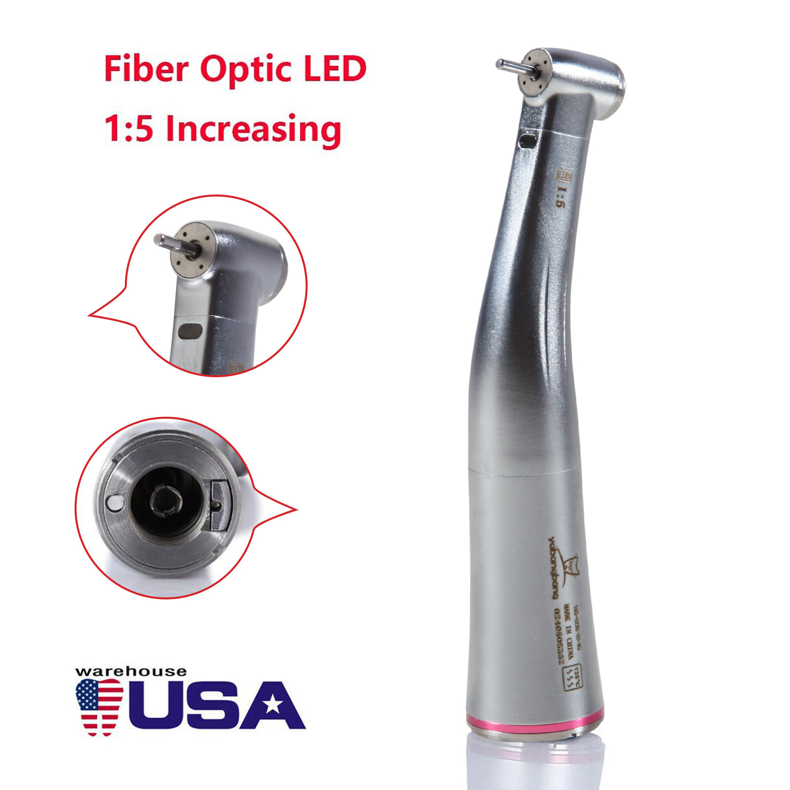 Dental Attachment Handpiece 1:5 Friction Grip Fiber Optic LED Contra Angle Red