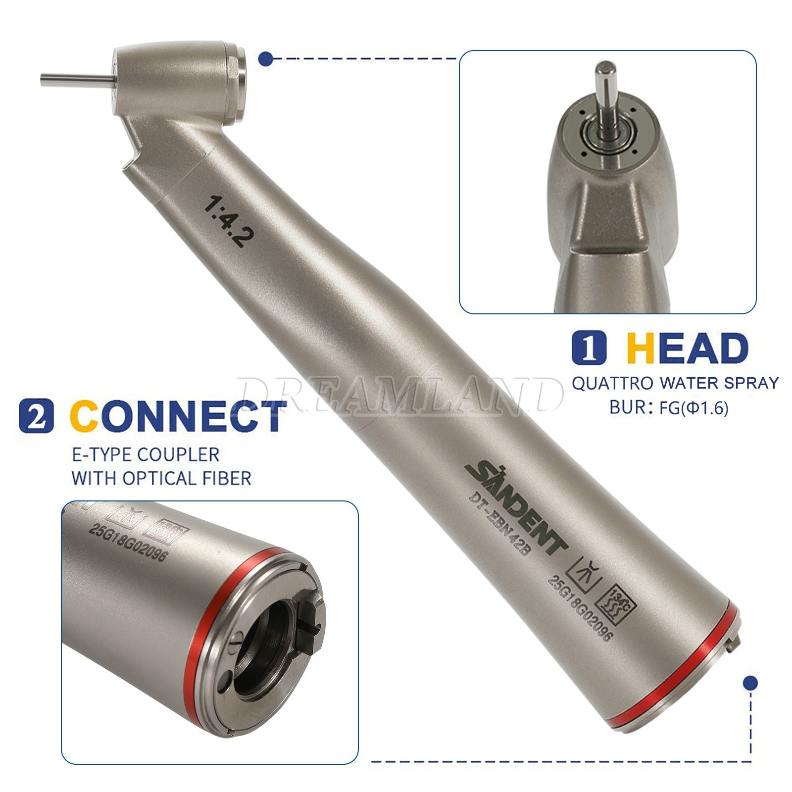 Dental 45° Angle inner Channel contra angle fiber optic LED 1:4.2 handpiece USA