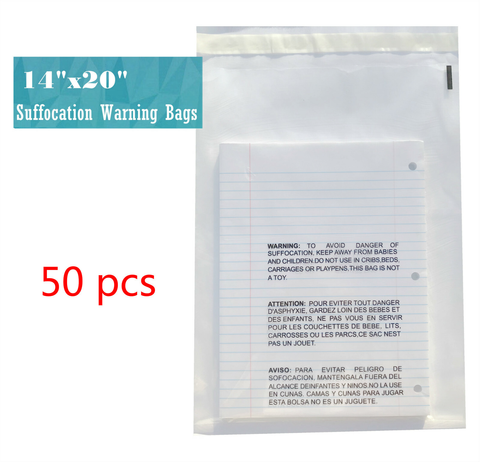 14×20 Clear Suffocation Warning Poly Self Seal Bags -ST ShipMailers