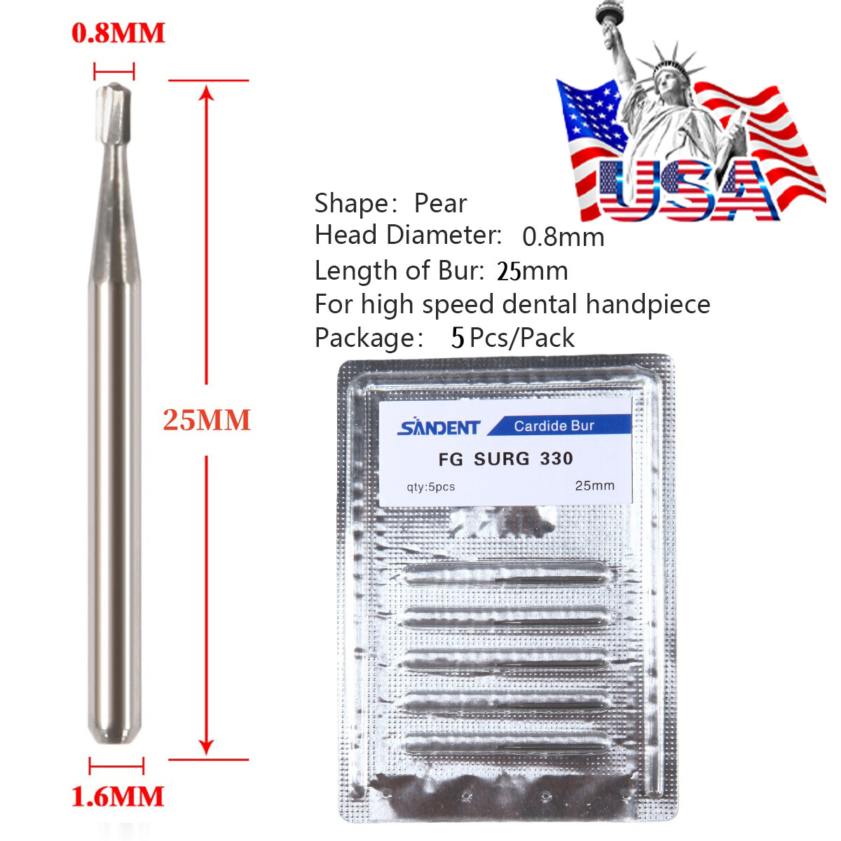 FG # 330 Dental Surgical Carbide Burs 25mm (100pcs=10 Packs)
