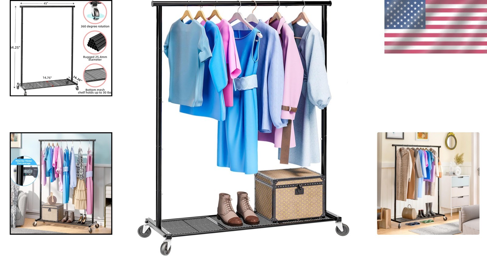 Clothing Clothes Rack on Wheels Heavy Duty Portable Wardrobe Storage