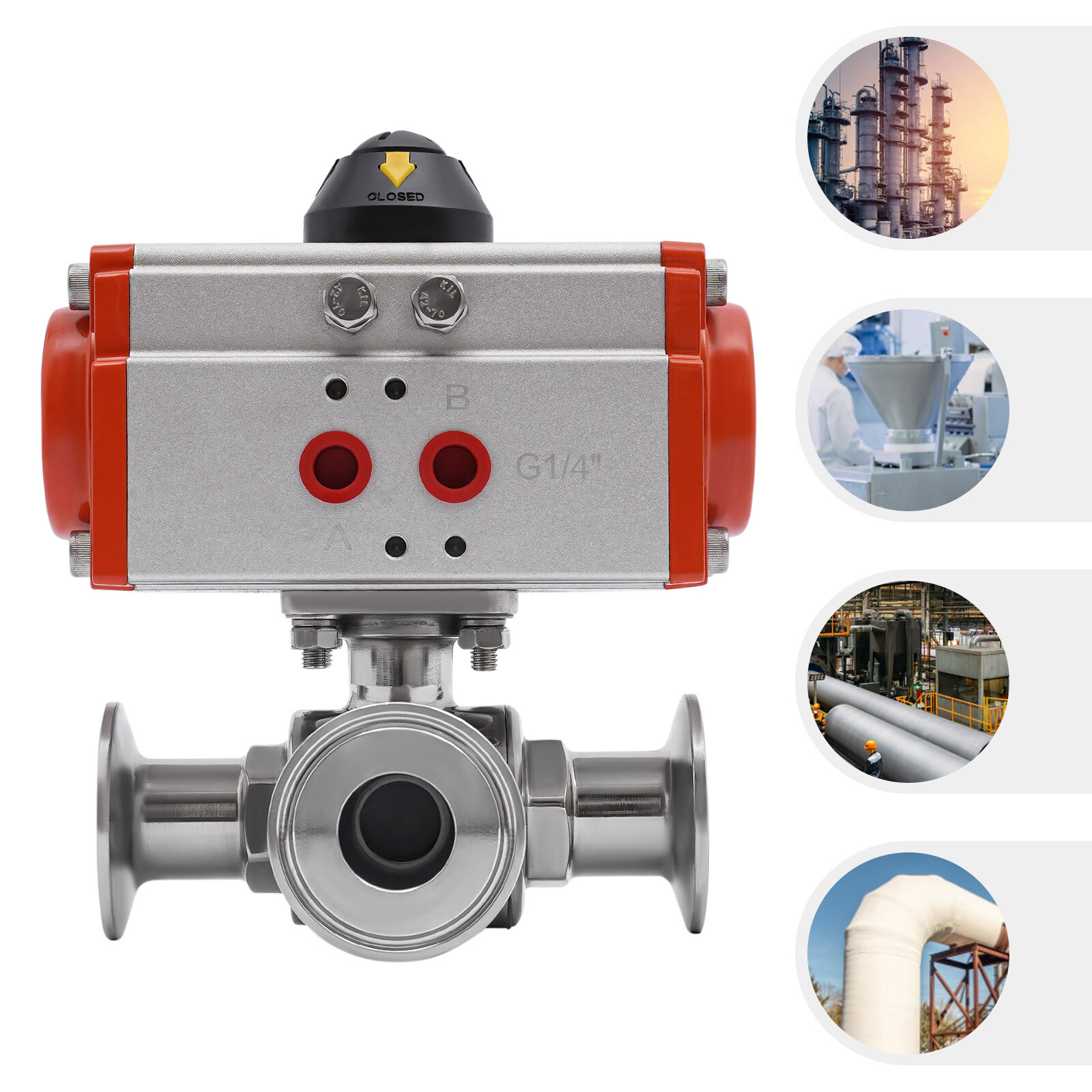 Three way L-port Tri-Clamp Pneumatic Ball Valve 1″ Sanitary Stainless 304 NEW