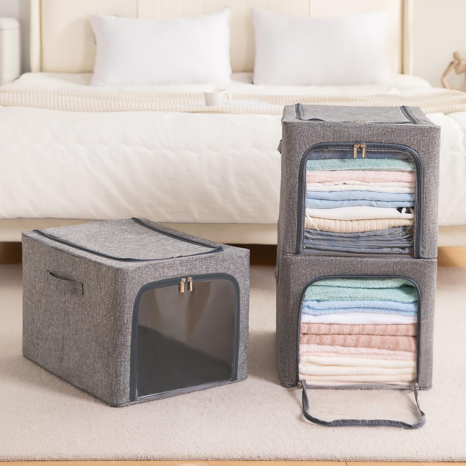 GuliPostan 3 Pack 31L Stackable Clothes Storage Bins with Metal Frame Handles…