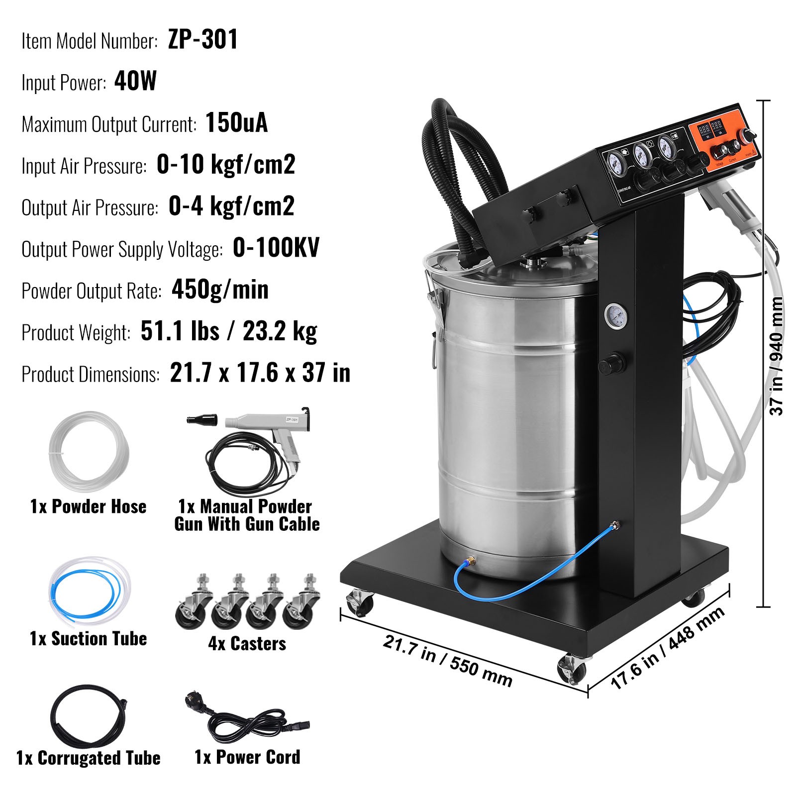 VEVOR Powder Coating System 40 W 100KV Electrostatic Output 50L Powder Hopper
