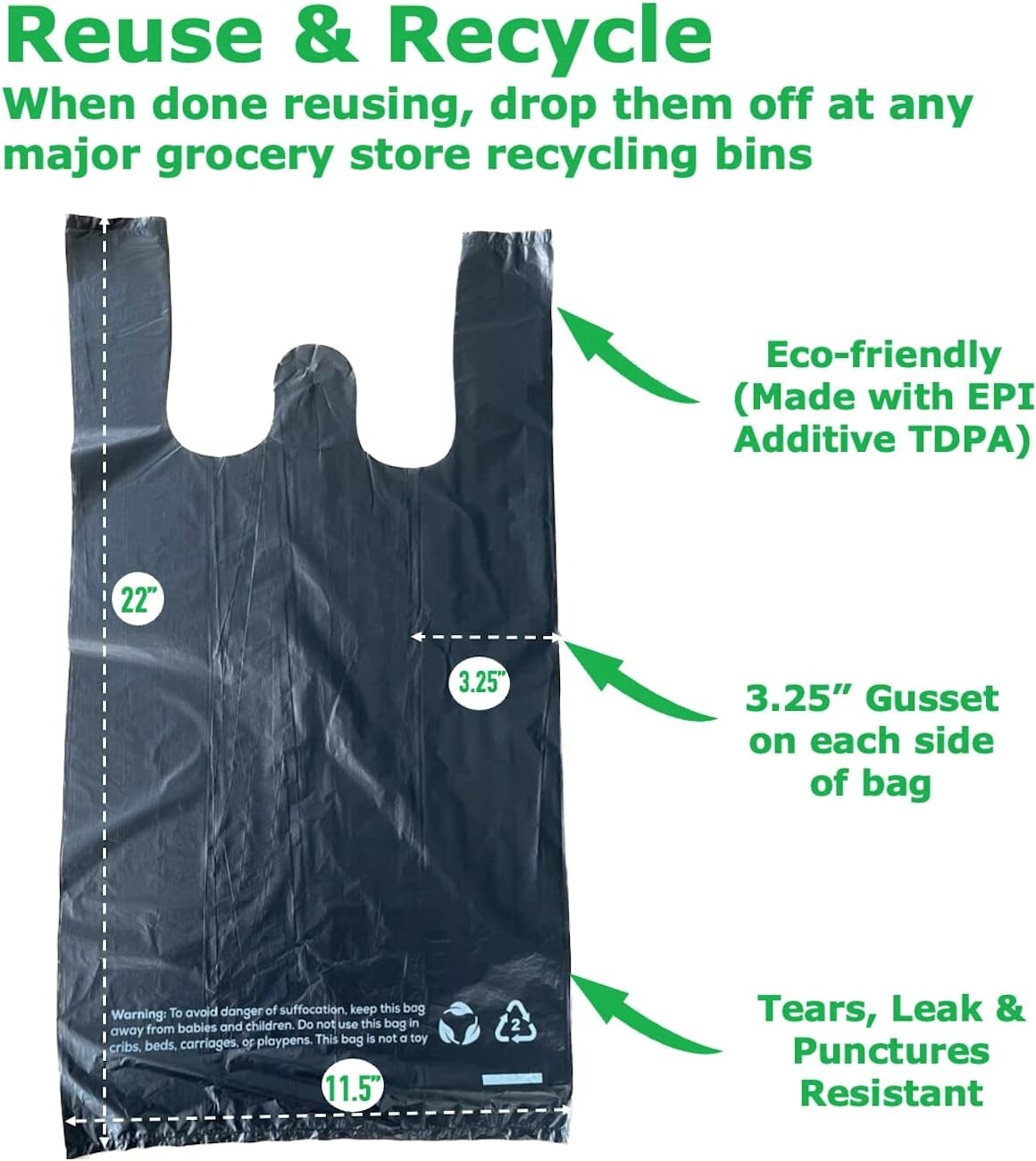T-Shirt Plastic Grocery Shopping Bags 1/6 Large 21 x 6.5 x11.5 BLACK (50-200 ct)