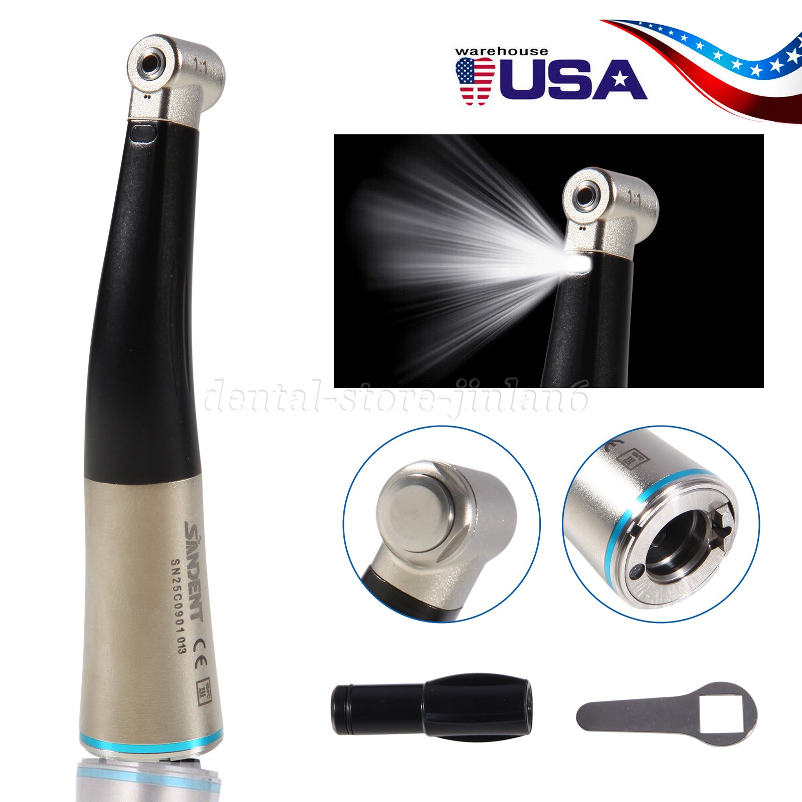 Dental 1:1 Fiber Optic Contra Angle Internal Spray / Diamond Polishing Wheels US