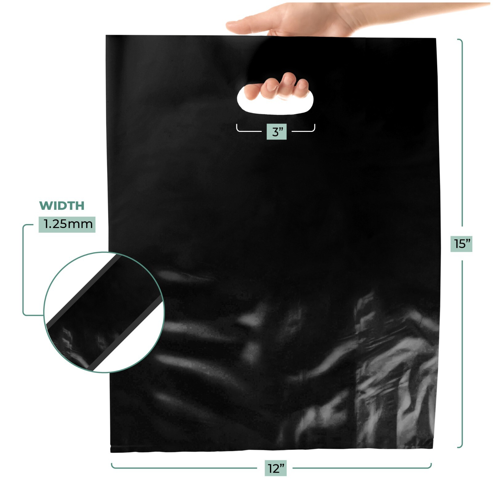 100 Pack 12″ x 15″ with 1.25 mil Thick Black Merchandise Plastic Glossy Bags