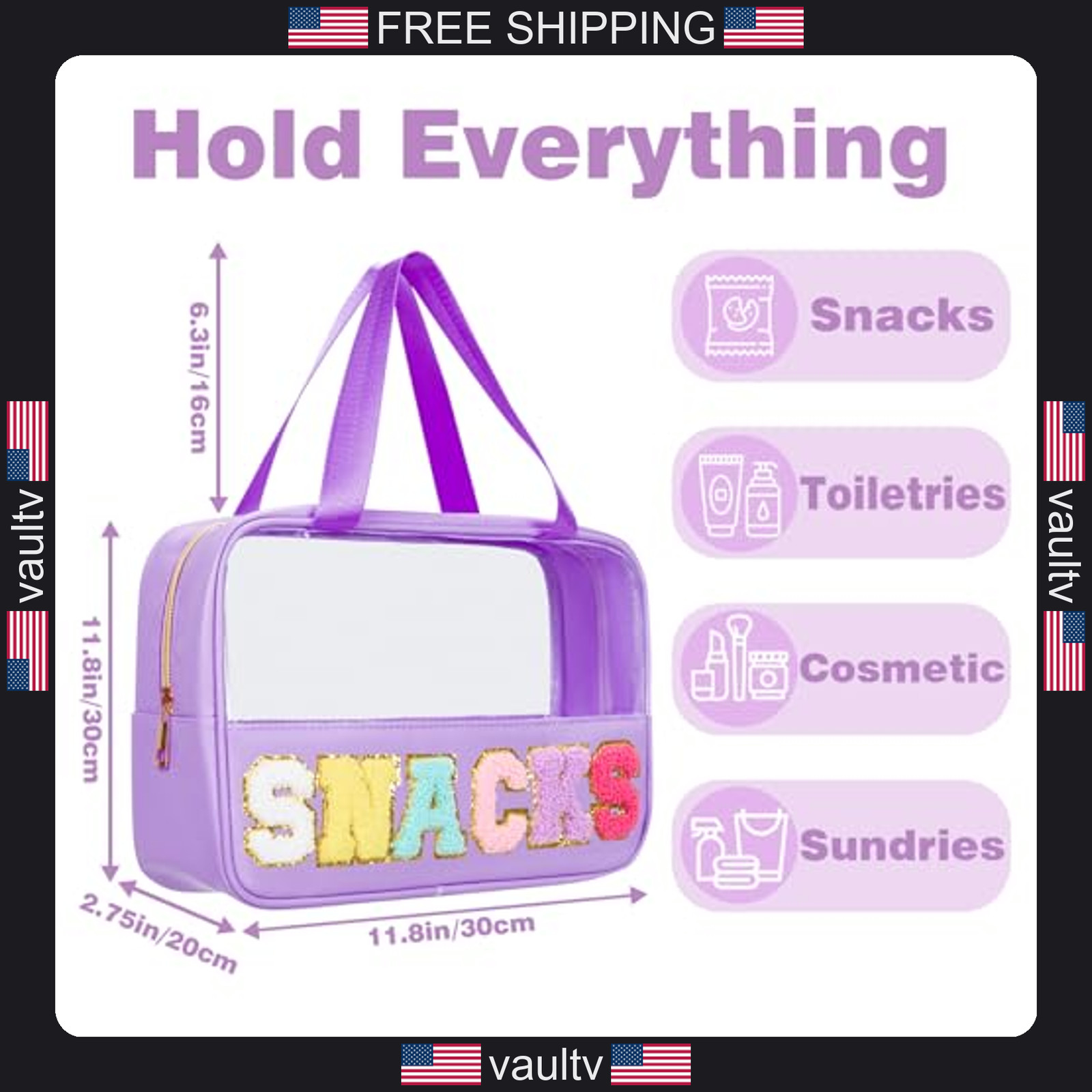 Snack Bags Chenille Letter Patch Clear Bag for Travel, Preppy Cosmetic Bag