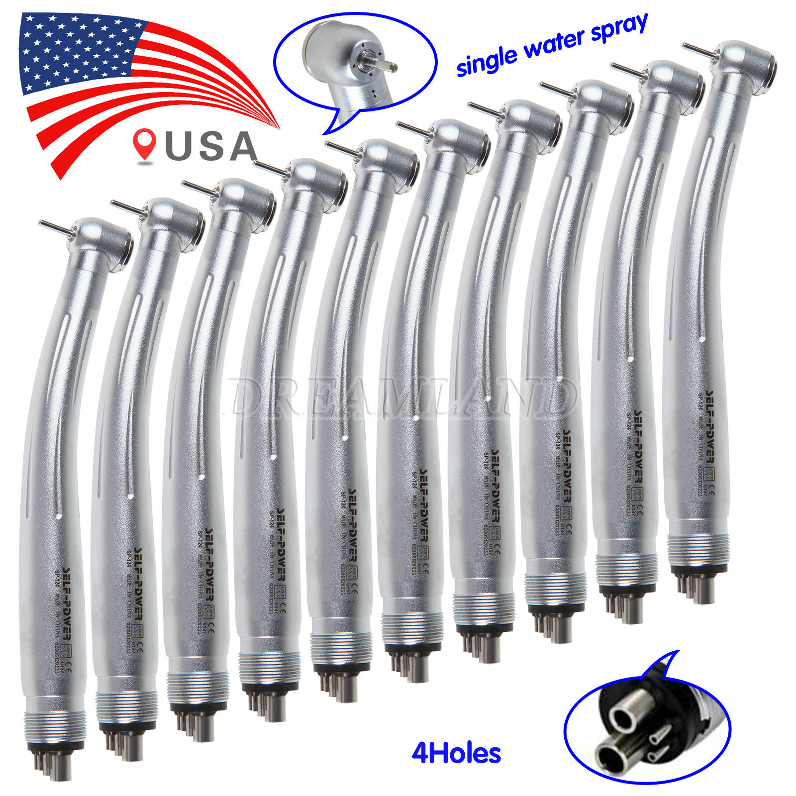 10pcs Dental High Speed Handpiece Standard Push Button Single Water Spray 4 Hole