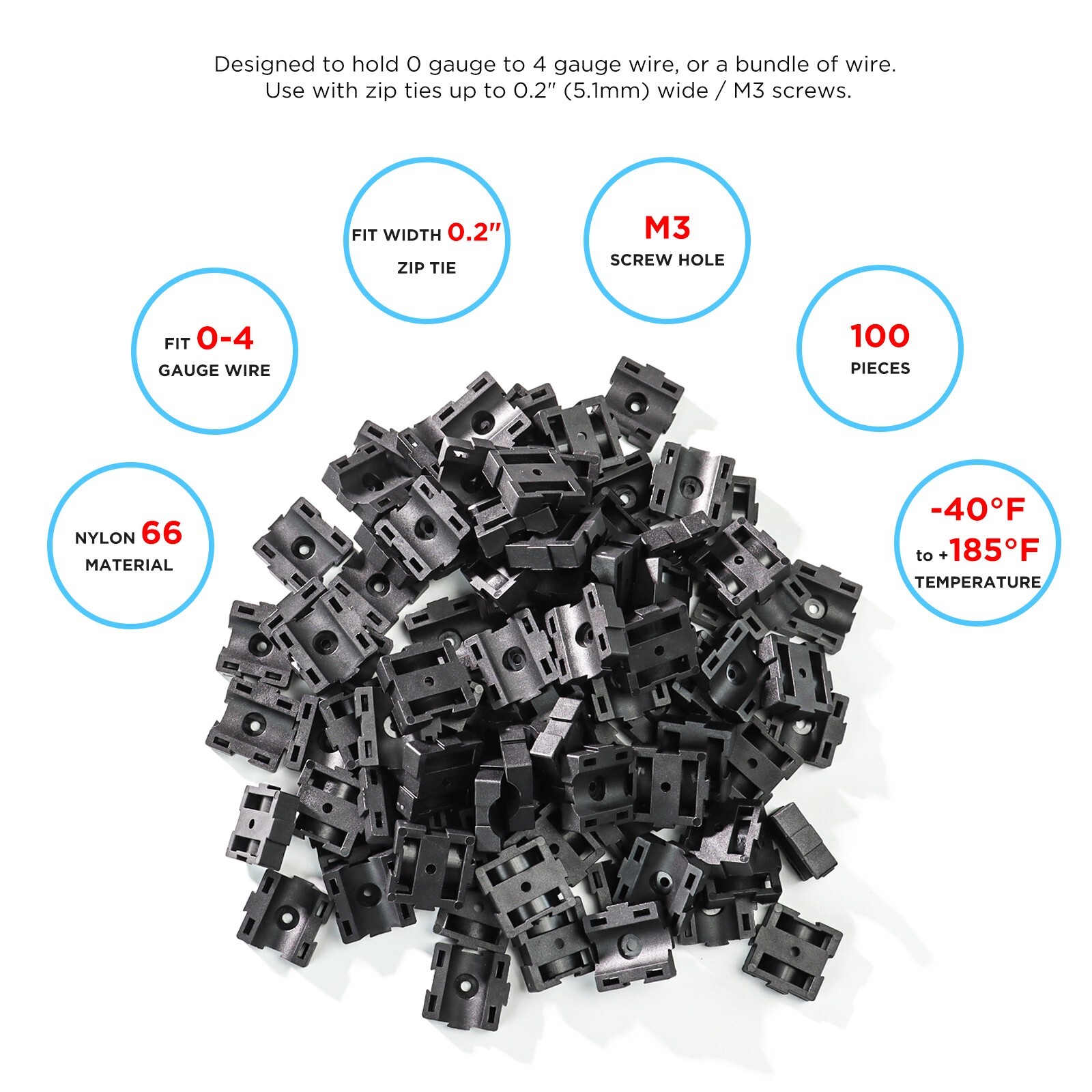 Recoil ZTM25-K100 100Pcs Modular Cable Zip Tie Mounts, Dual Slots, Size 1” X 1”