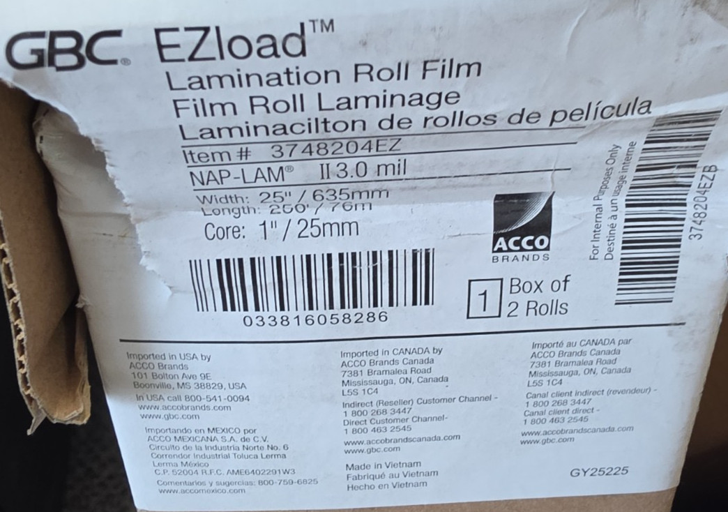 GBC EZload Laminating Roll Film 3 mil/1″ Core/25″ x 200’/ 2 rolls/Box