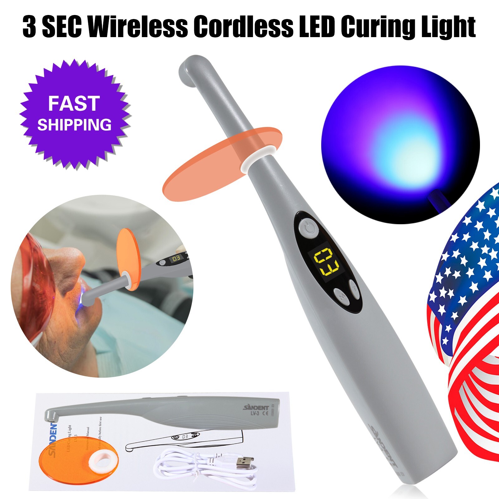 Dental Wireless 3 Second LED Curing Light Cure Lamp High Power curing light OR