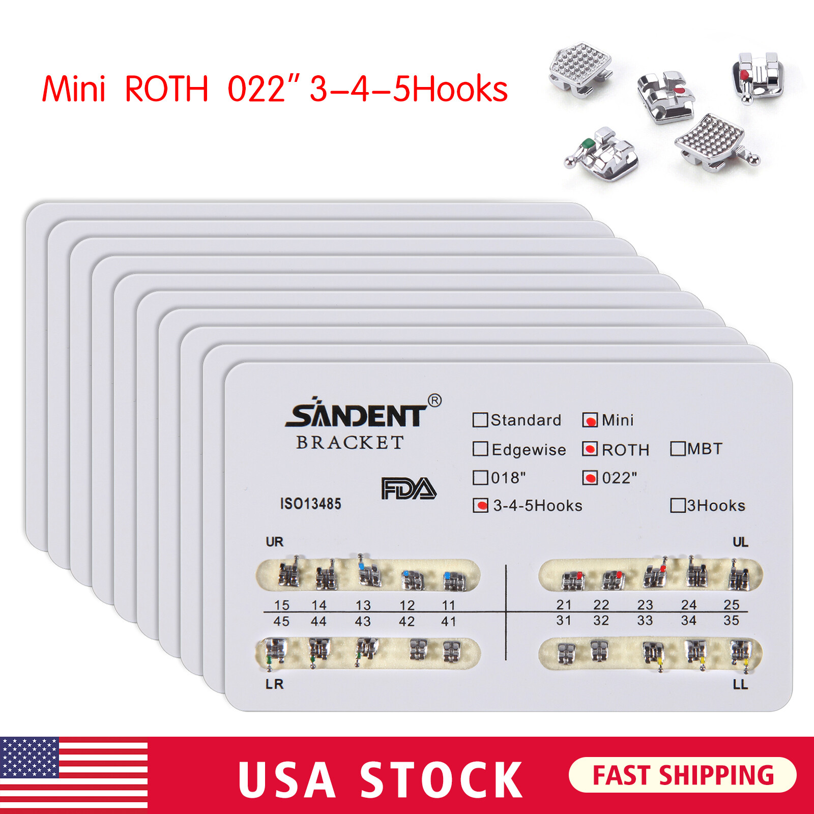 10Packs Dental Orthodontic Metal Brackets Braces Mini Roth.022 Hooks 345 Ortho